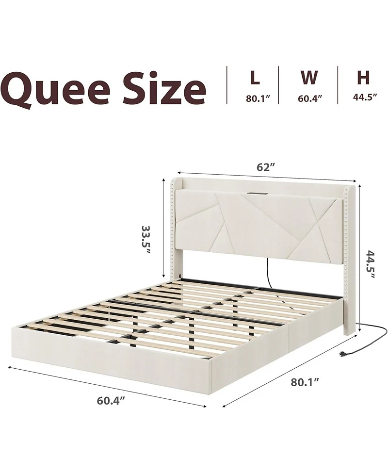 gaomon Queen Floating Bed Frame with Rgb Led Lights & Charging Station - Upholstered Suspended Bed, Storage Headboard, No Box Spring Needed