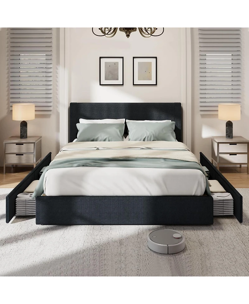 Gaomon Corduroy Upholstered Platform Bed Frame with Tufted Wingback Headboard, Wood Slat Support, and 4 Storage Drawers.
