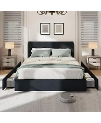 Gaomon Corduroy Upholstered Platform Bed Frame with Tufted Wingback Headboard, Wood Slat Support, and 4 Storage Drawers.