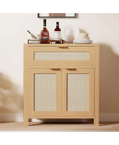 gaomon Rattan Buffet Cabinet with Storage, Narrow Sideboard Doors & Drawer, Wood Console Table for Living Room