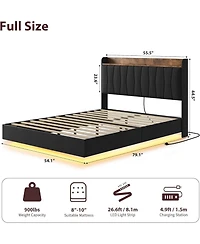 Gaomon Queen Floating Bed Frame with Led Lights & Charging Station