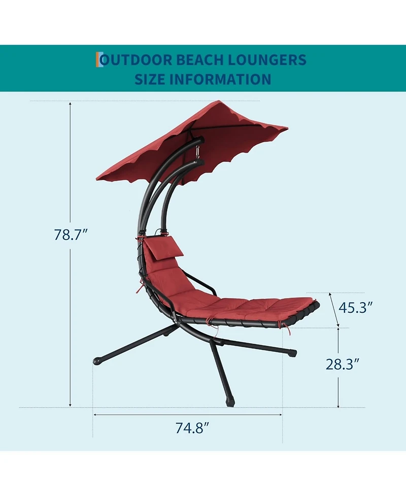 gaomon Chaise Lounger Swing Chair with Umbrella Canopy, Patio Hanging Lounge Chair with Stand, Curved Steel Outdoor Chair for Pool, Garden, Backyard