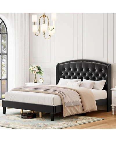 Gaomon King Velvet Platform Bed with Wingback Tufted Headboard & Wood Slats, No Box Spring Required