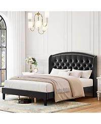 Gaomon King Velvet Platform Bed with Wingback Tufted Headboard & Wood Slats, No Box Spring Required