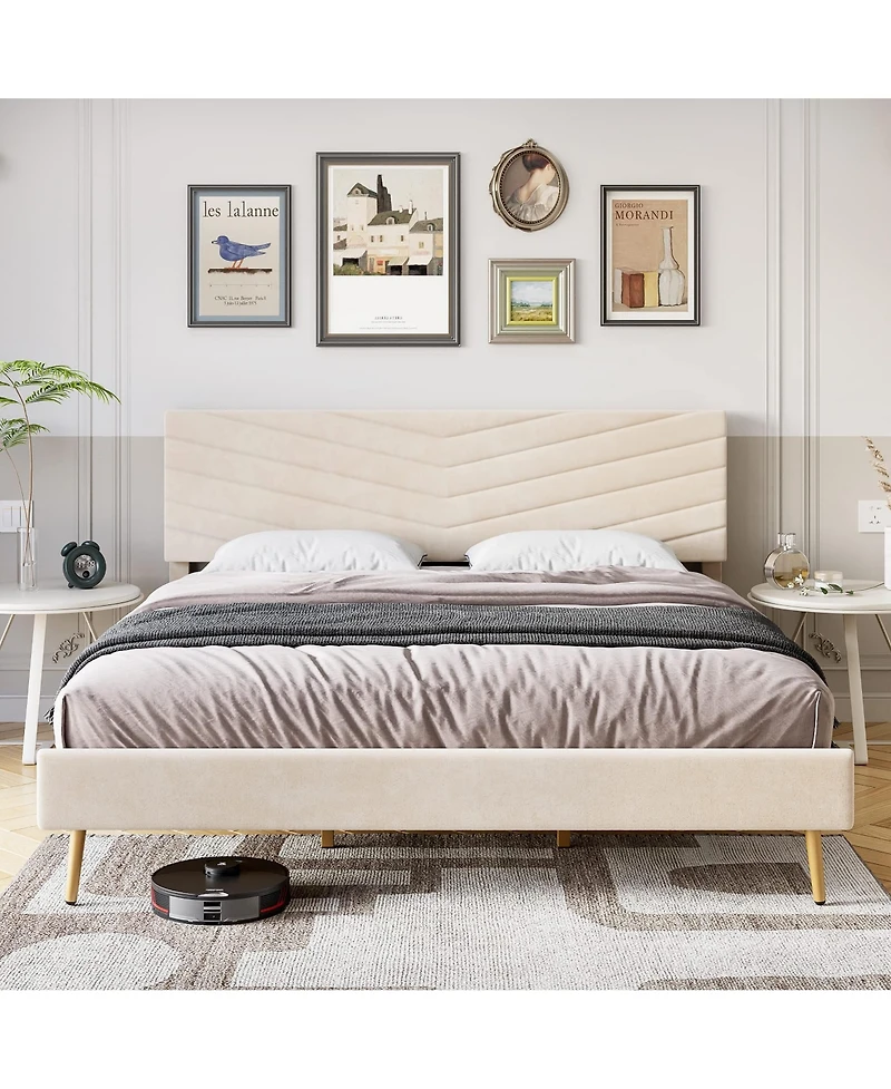 gaomon King Size Bed Frame with Velvet Upholstered Headboard