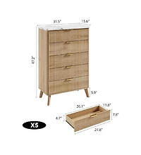 gaomon Fluted Dresser for Bedroom with 5 Deep Drawers, 47in Tall Chest of Drawers with Faux Marble Top, Curved Profile Design, White with Walnut Top