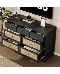 gaomon 7-Drawer Modern Dresser for Bedroom, Wood Chest with Natural Rattan Fronts, Sturdy Base, Organizer for Living Room, Entryway, Hallway