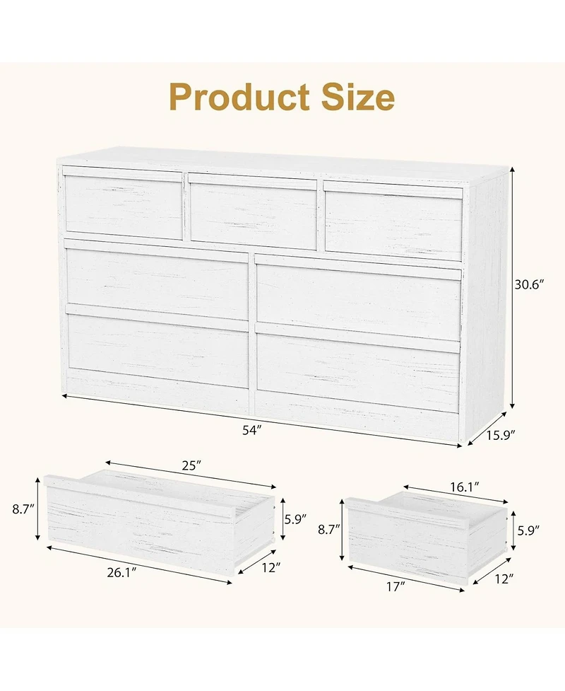 gaomon 7-Drawer Modern Double Dresser Organizer, Large Storage Wooden Chest for Bedroom, Living Room, Nursery, White