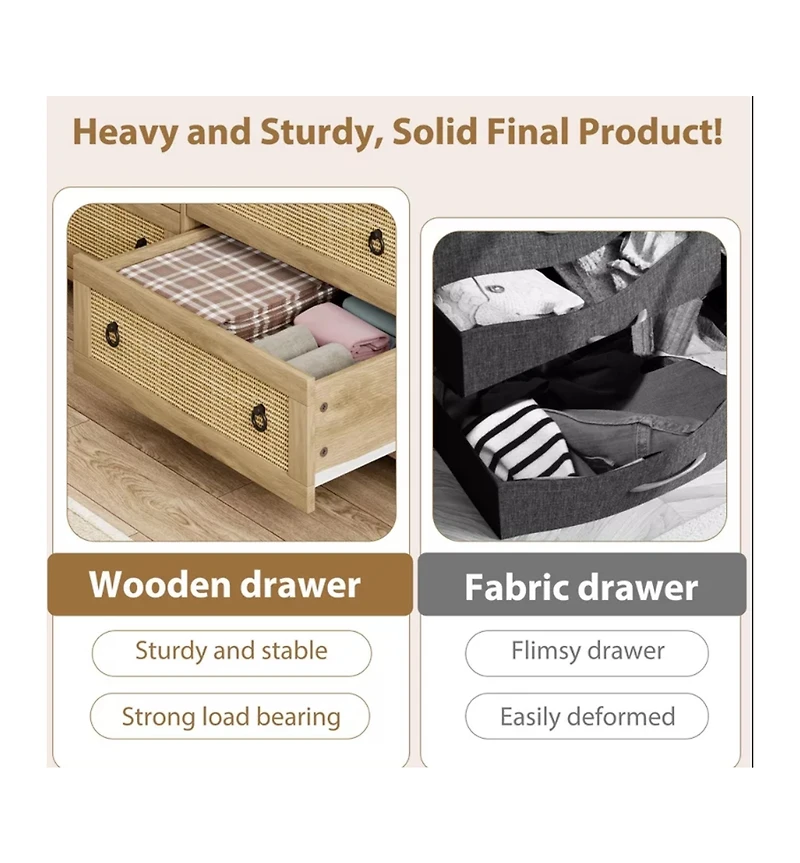 gaomon 7-Drawer Freestanding Rattan Cabinet Dresser, Wood Chest with Anti-Tip, Storage Organizer for Bedroom, Living Room