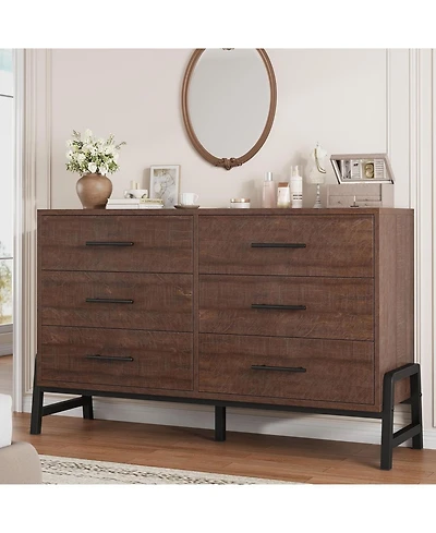 gaomon Brown 52 Inch 6-Drawer Freestanding Dresser, Wide Closet Storage Chest for Living Room, Bedroom, Entryway