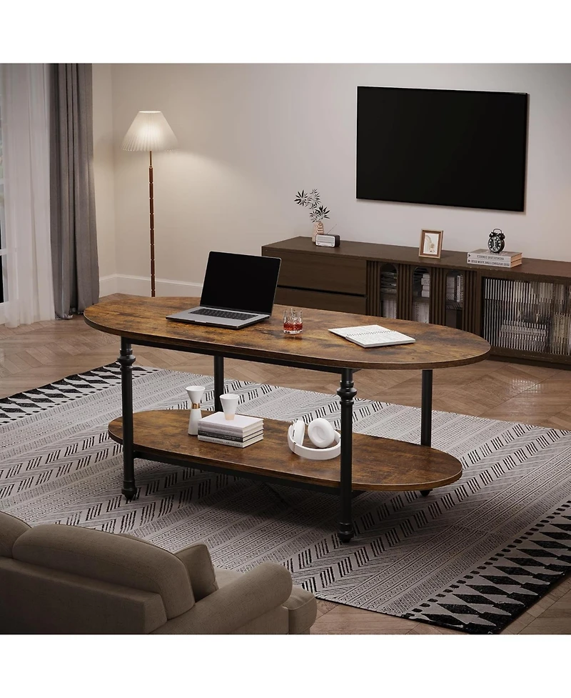 gaomon 47.2" Wooden 2-Tier Cocktail Table, Roman Column Metal Legs Elegant Oval Coffee Table