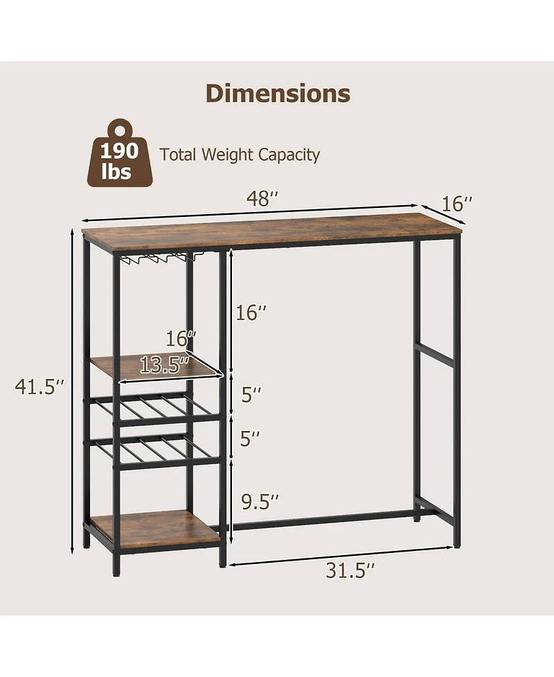 Costway 48" Long Bar Table with Storage Shelves Wine Racks & Stemware Holders for Kitchen