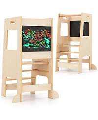 Costway Girls Kitchen Step Stool with Activity Chalkboard Adjustable Height & Safety Rail