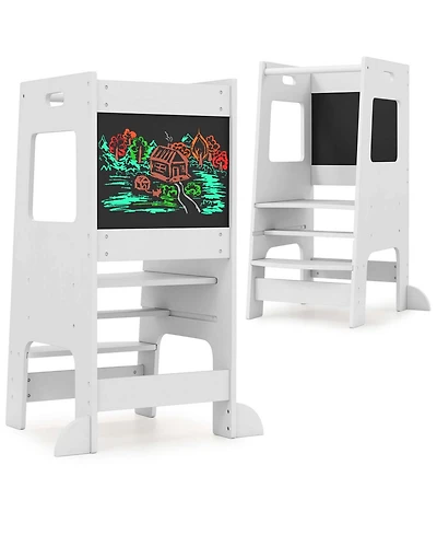 Costway Girls Kitchen Step Stool with Activity Chalkboard Adjustable Height & Safety Rail
