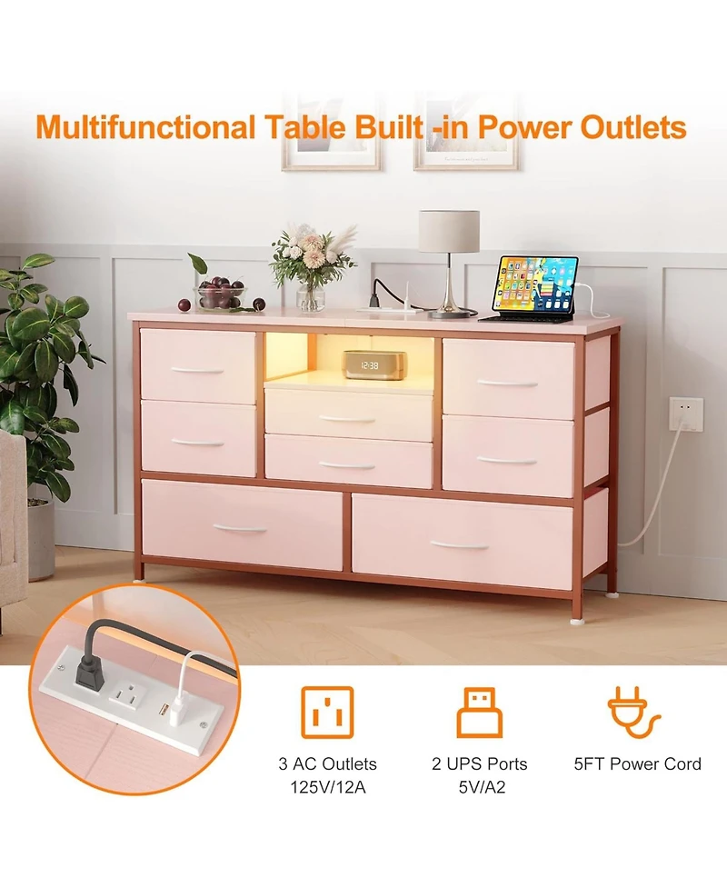 gaomon 8-Drawer Dresser Tv Stand with Led Lights & Charging Station, 55" Entertainment Center Storage, Rustic Brown, Pink