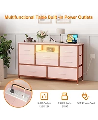 gaomon 8-Drawer Dresser Tv Stand with Led Lights & Charging Station, 55" Entertainment Center Storage, Rustic Brown, Pink