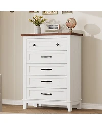 gaomon 5-Drawer White Freestanding Wooden Chest, 41.3" Tall, Brown Top, Vertical Dresser for Living Room, Bedroom