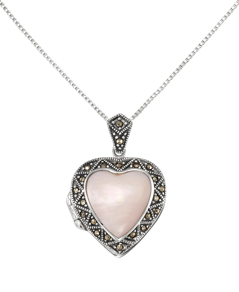 Macy's Marcasite (0.18 ct. t.w.) and Pink Shell Heart Locket Pendant Necklace in Sterling Silver