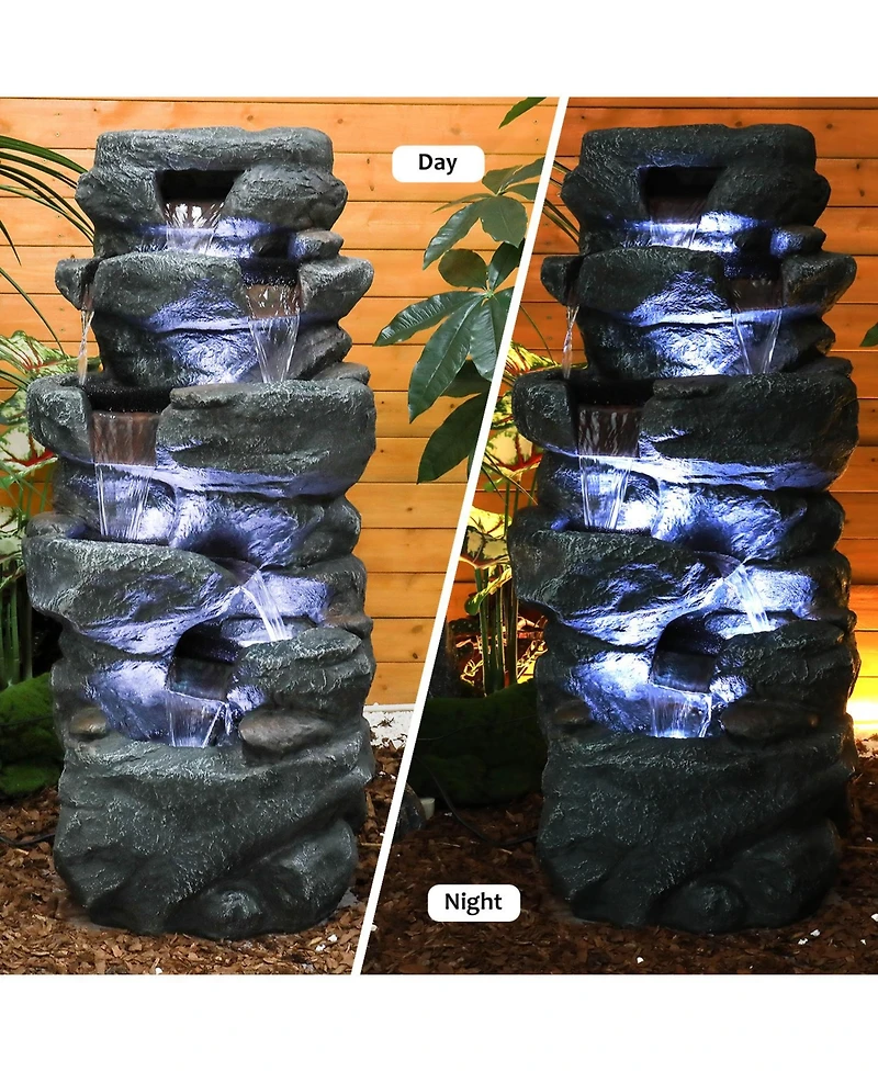 Sunjet 40.5" H 5-Tier Concrete Water Fountain – Indoor/Outdoor Cascading Waterfall with Built-in Led Lights for Home, Garden, Backyard Dec