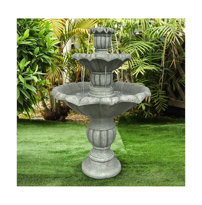 SunJet 39.3”H 3-Tier Outdoor Floor Water Fountain – Concrete Cascading Fountain with Pump for Garden, Patio, Yard & Home Decor