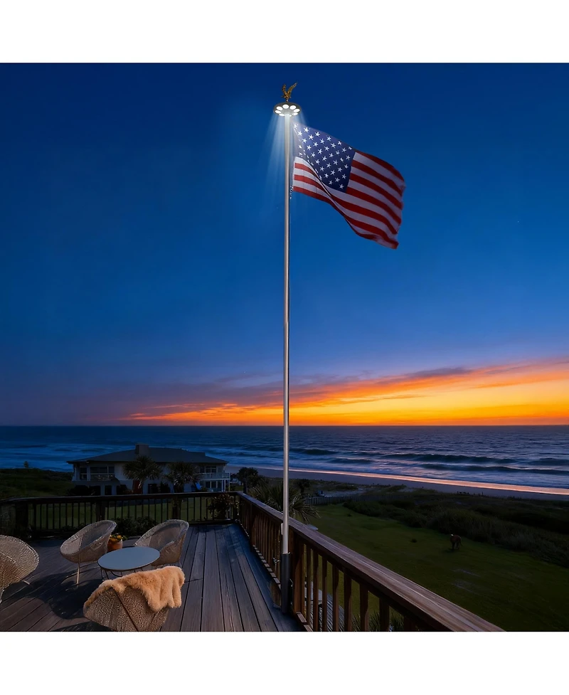 Yescom 25' Heavy Duty Flag Pole Kit with Solar Light & Deck Mount Bravery Mega 13 Gauge Aluminum Sectional Flagpole for Outdoor Patio Dock Side Silver