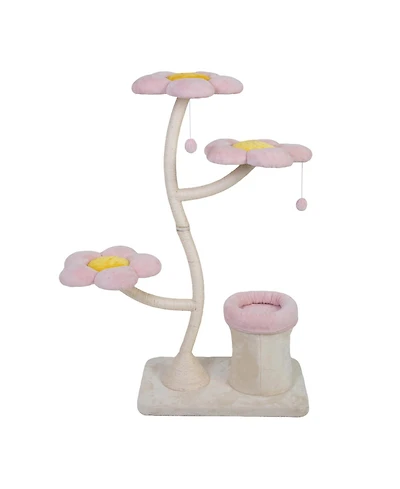 Aostirmotor 57.1'' Cat Tree with Blooming Platforms Bed in Pink