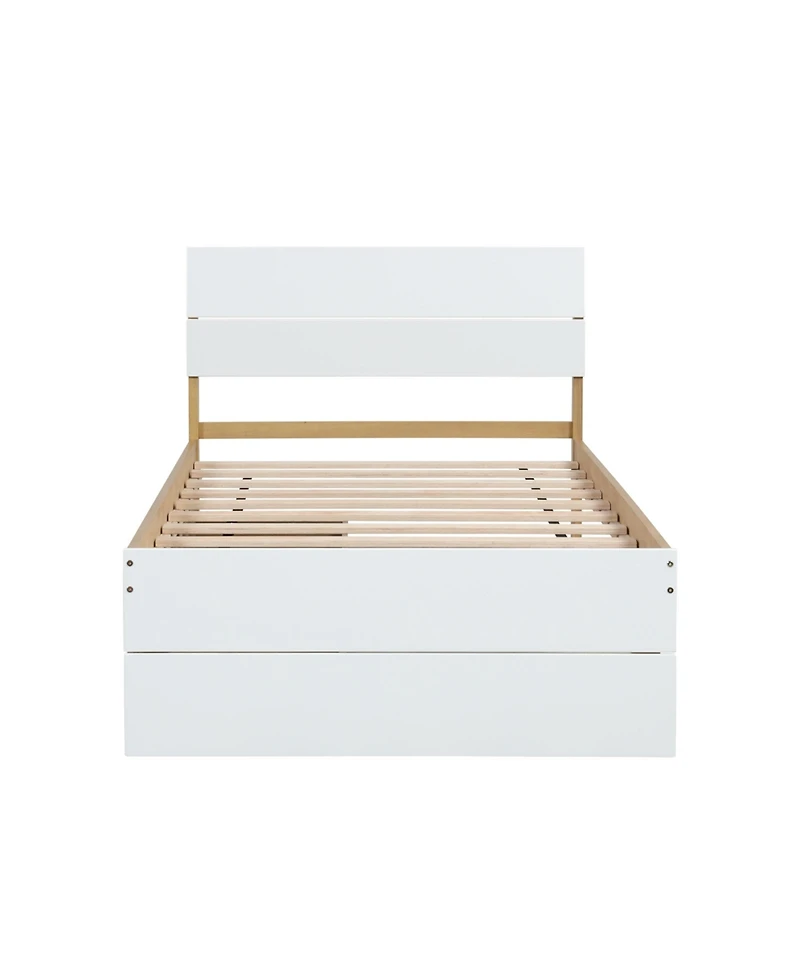 Simplie Fun Modern Twin Bed Frame With Trundle For White High Gloss Headboard And Footboard With Light Oak Color