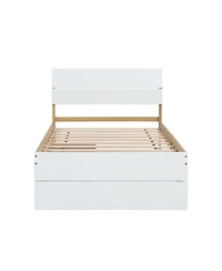 Simplie Fun Modern Twin Bed Frame With Trundle For White High Gloss Headboard And Footboard With Light Oak Color