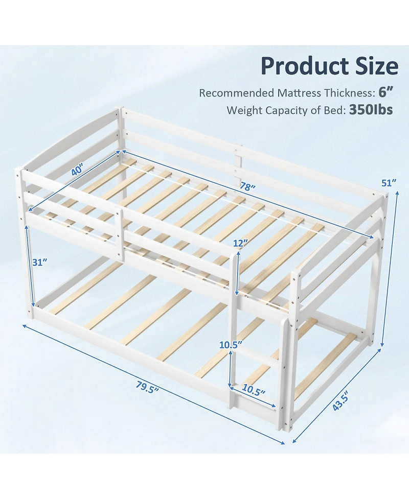 Costway Twin over Low Bunk Bed with Guardrails Integrated Ladder Kids Wooden