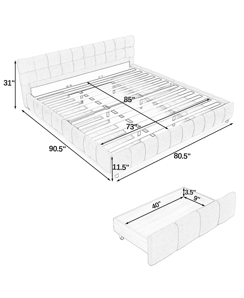 California King Upholstered Platform Bed with Chenille Fabric, Soft Headboard and Storage Drawer
