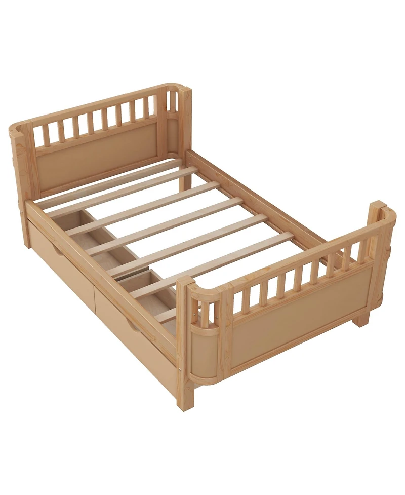 Boyel Living Twin Size Wood Platform Bed for Kids, Low Profile Twin Bed with 2 Wheeled Drawers & Rails