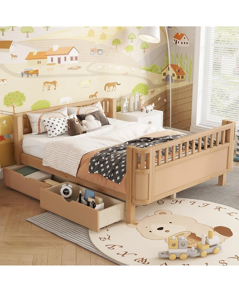 Full Size Wood Platform Bed for Kids, Low Profile Bed with 2 Wheeled Drawers & Rails