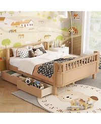 Full Size Wood Platform Bed for Kids, Low Profile Bed with 2 Wheeled Drawers & Rails