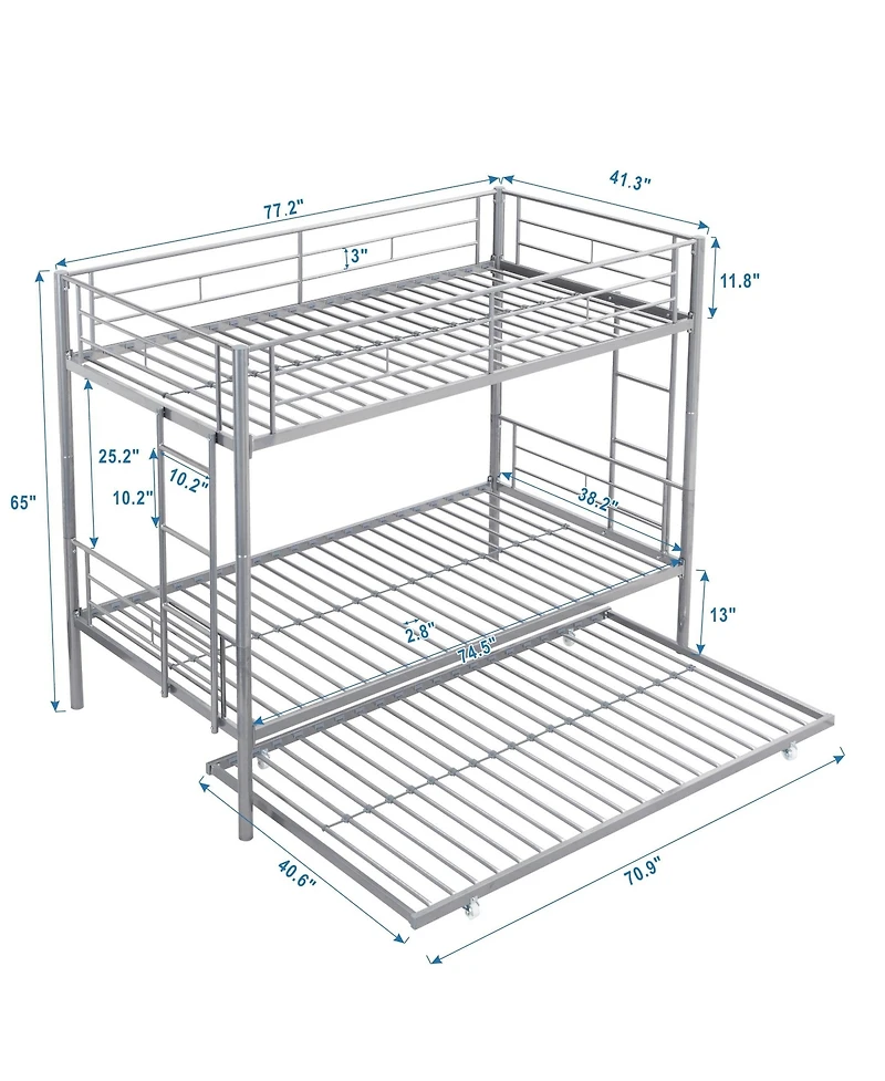 Boyel Living Metal Bunk Bed with Trundle Silver, No Box Spring Needed, Easy Assemble