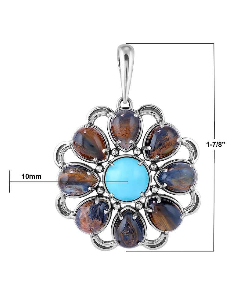 American West Jewelry Sterling Silver Blue Pietersite and Kingman Turquoise Flower Pendant Enhancer