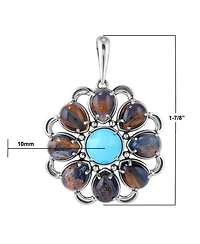 American West Jewelry Sterling Silver Blue Pietersite and Kingman Turquoise Flower Pendant Enhancer