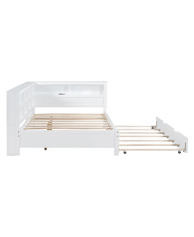 Streamdale Furniture Wooden Full Size Day Bed with Twin Trundle, Storage & Usb Ports, White