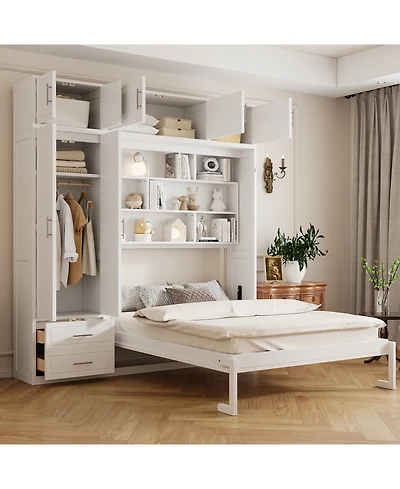 Streamdale Queen Size Wall Murphy Bed with Cabinet, Shelves, Wardrobe, White