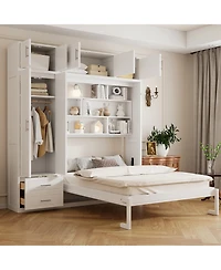 Streamdale Queen Size Wall Murphy Bed with Cabinet, Shelves, Wardrobe, White