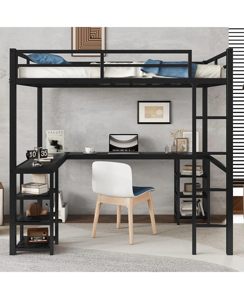 Streamdale Furniture Full Metal Loft Bed with Desk & Shelves