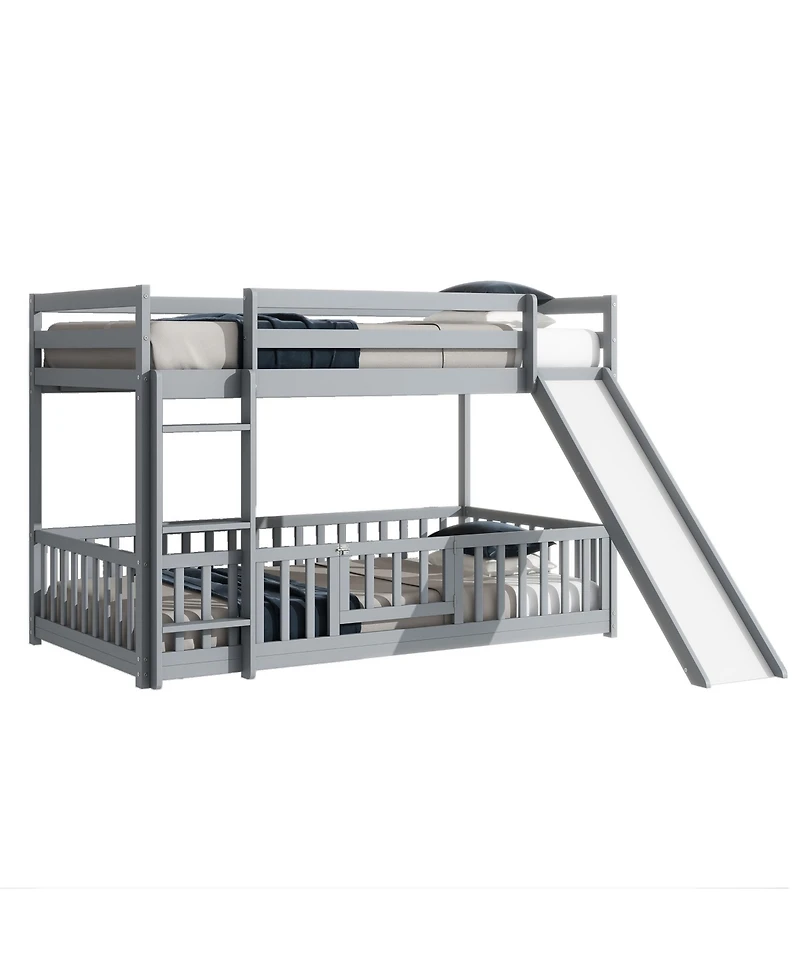 Streamdale Furniture Twin Over Twin Floor Bunk Bed with Slide, Ladder, Door, Safety Guardrails, Solid Pine Wood Bunk Bed