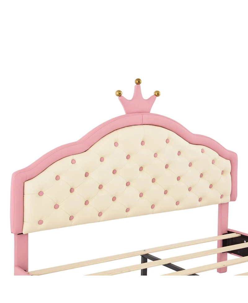 Streamdale Furniture Full Size Lovely Crown Fantasy Pu Leather Princess Bed with Tufted Headboard