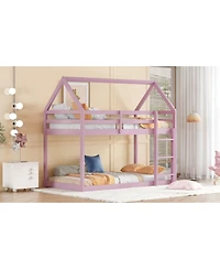 Streamdale Furniture Twin over Twin Rubber Wood Floor Bunk Bed, with ladder,Guardrails,House-Shaped-Bunk Bed