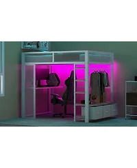 Streamdale Furniture Full Size Metal Gaming Loft Bed with Led, Desk, Open Wardrobe and 3 Linen Storage Drawers, White