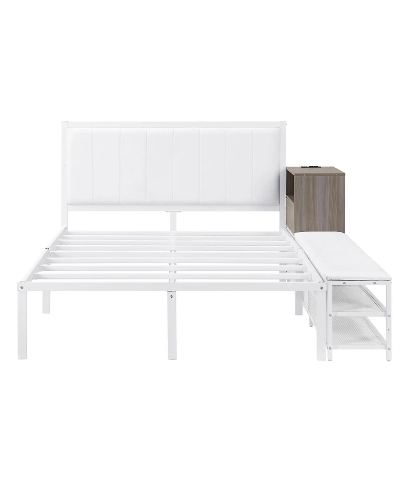 Streamdale Furniture Metal Platform Bed with Two-Tier Storage Shelves, Wooden Cabinet