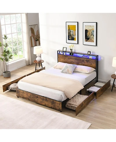 Streamdale Furniture Queen Bed Frame w/ Charging Headboard, Noise-Free, No Box Spring