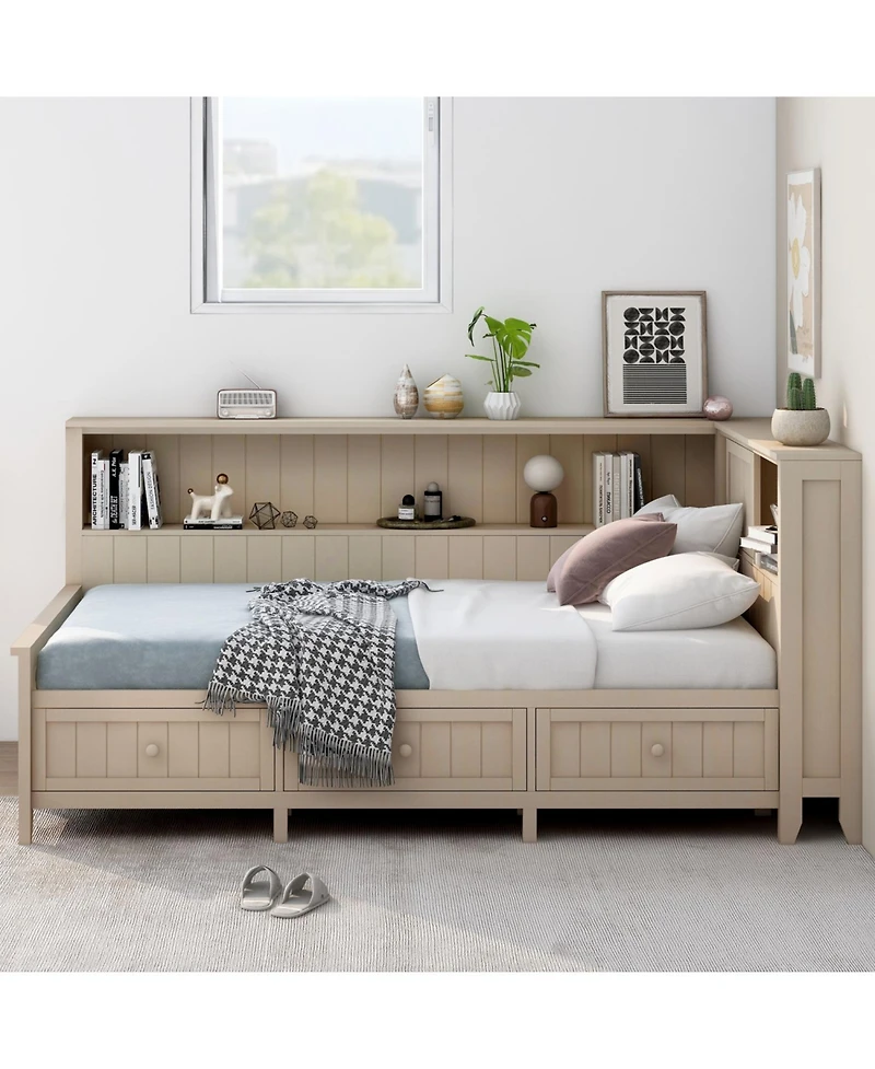 Streamdale Furniture Twin Size Wood Daybed with Storage Shelves and 3 Drawers, Antique