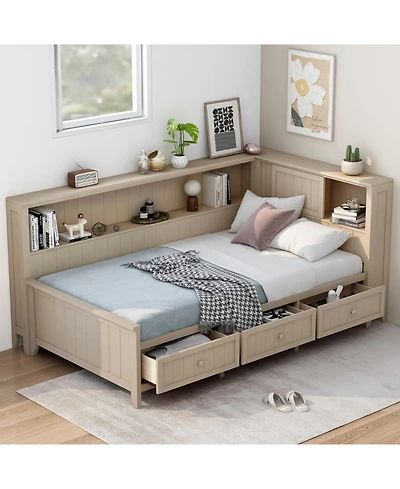 Streamdale Furniture Twin Size Wood Daybed with Storage Shelves and 3 Drawers, Antique