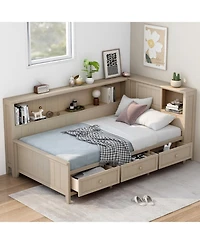 Streamdale Furniture Twin Size Wood Daybed with Storage Shelves and 3 Drawers, Antique