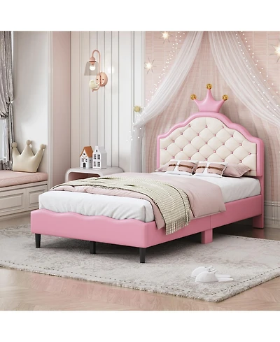 Streamdale Furniture Twin Size Lovely Crown Fantasy Pu Leather Princess Bed with Tufted Headboard, Pink+Cream